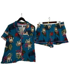 Joyspun Teal Cheetah Floral Pajama Set XL